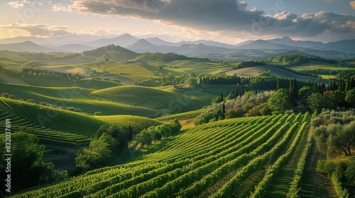 Panorama view of Green field with rows of vines. Beautiful landscape in golden mood at sunset time. photo