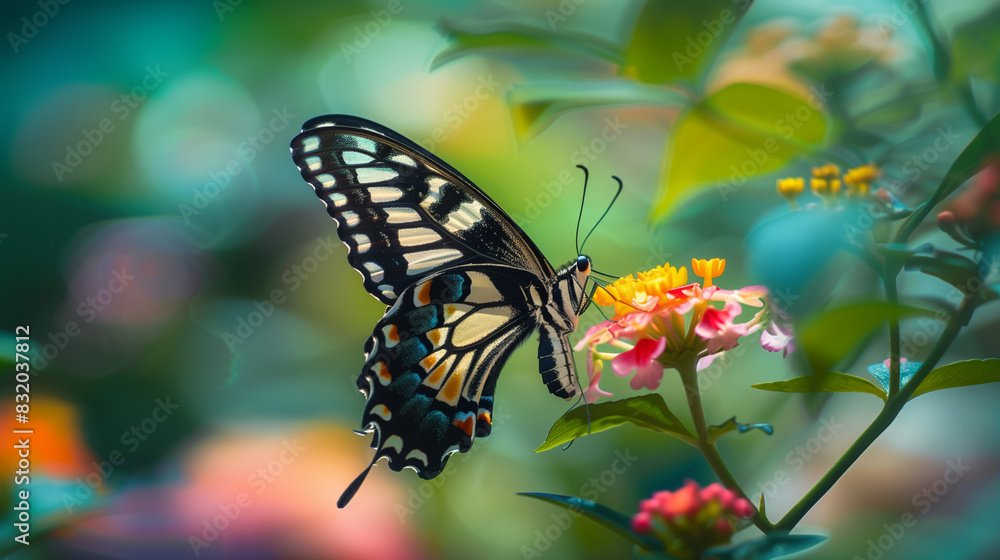Fototapeta premium A butterfly is eating a flower. The butterfly is black and white. The image has a peaceful and calming mood