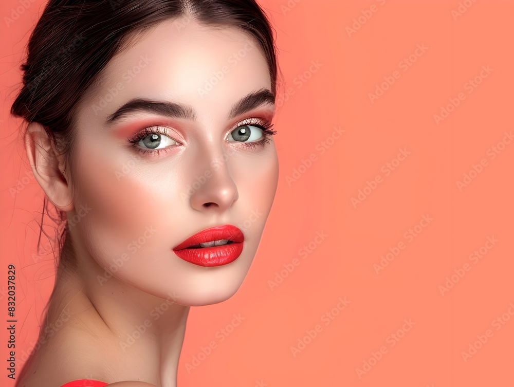 Fototapeta premium Professional Makeup Model Showcasing Decorative Cosmetics on a Plain Coral Background