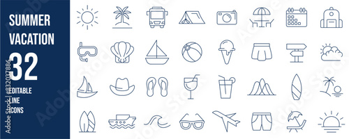 Summer Vacation Editable Icons set. Vector illustration in modern thin line style of travel related icons: sea, surfing, beach, hotel, and more. Pictograms and infographics for mobile apps