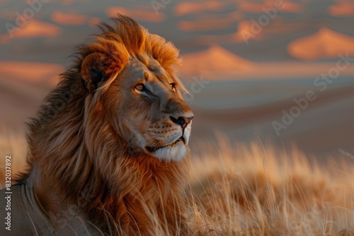 Majestic Lion Portrait Against Vast Desert Backdrop with Rich Earthy Tones and Intricate Details