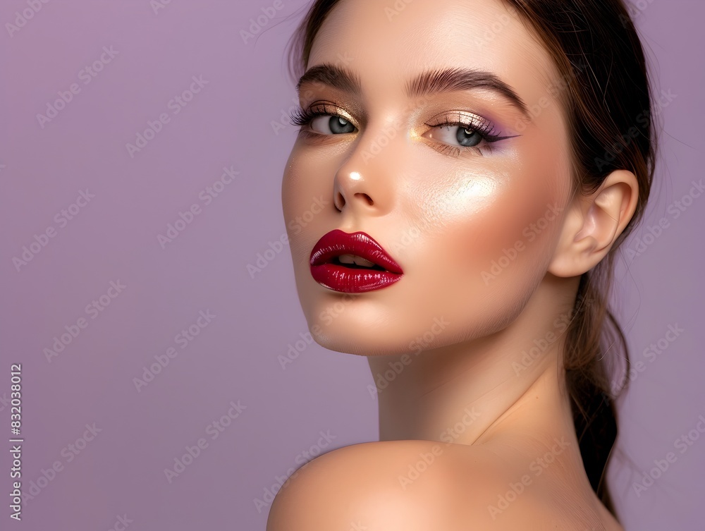 Elegant Model Showcases Stunning Professional Makeup Look on Soft Lilac Backdrop Advertising Banner Elegant Model Showcases Stunning Professional Makeup Look on Soft Lilac Backdrop Advertising Banner