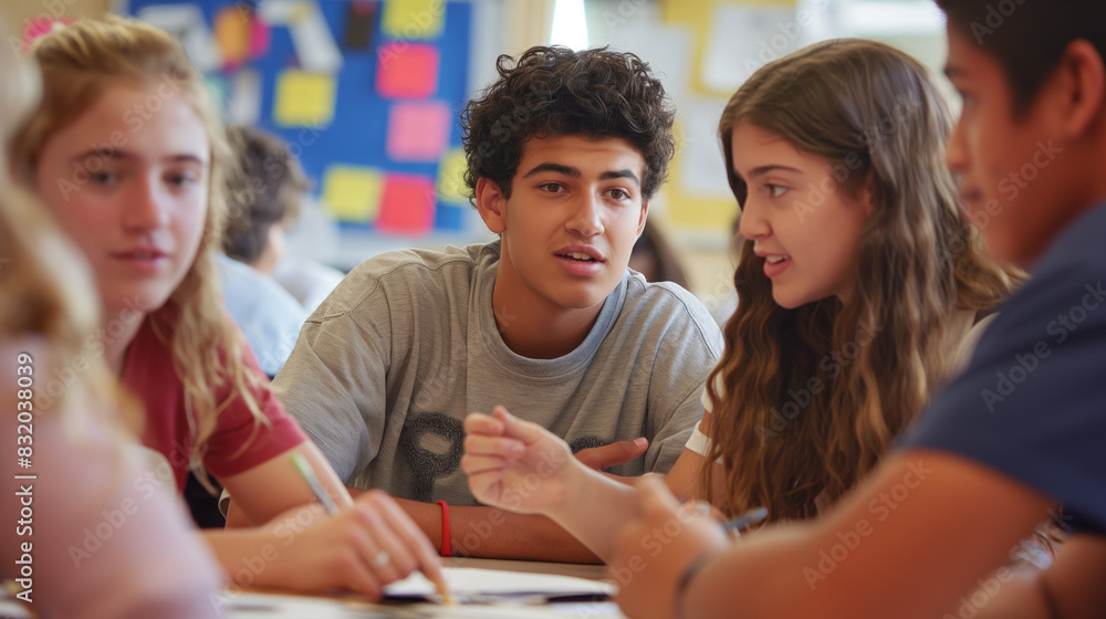 A group of students appear to be engaged in a classroom, discussing educational material A group of students appear to be engaged in a classroom, discussing educational material