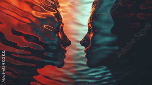 Two versions of the same person facing each other, one from the past and one from the future, separated by a distorted ripple effect, illustrating the idea of meeting oneself in different timelines. photo