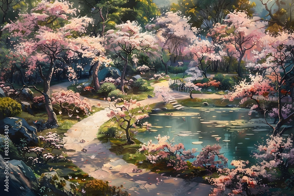 Tranquil Spring Garden with Blossoming Cherry Trees and Winding Pathways Tranquil Spring Garden with Blossoming Cherry Trees and Winding Pathways