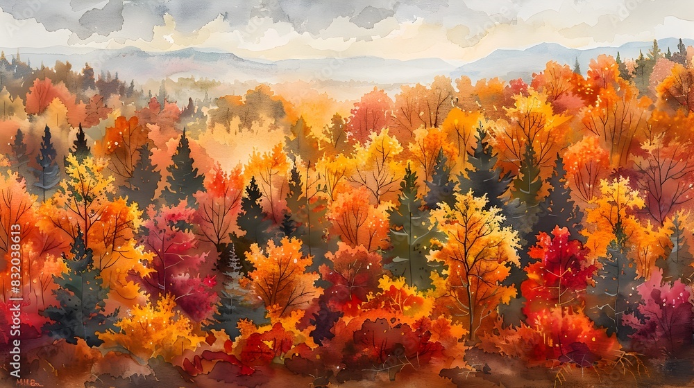 Breathtaking Aerial View of Vibrant Autumn Foliage in Watercolor Landscape