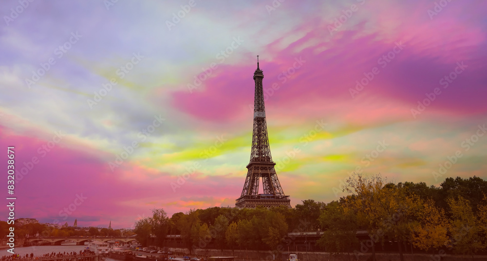 Obraz premium Banner of travel in Paris with Eiffel Tower iconic Paris landmark across the River Seine with tourist boat in Autumn tree fall scene at Paris ,France