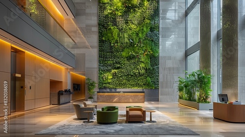 Corporate lobby with a contemporary design, featuring a high ceiling, statement lighting, and live vertical gardens photo