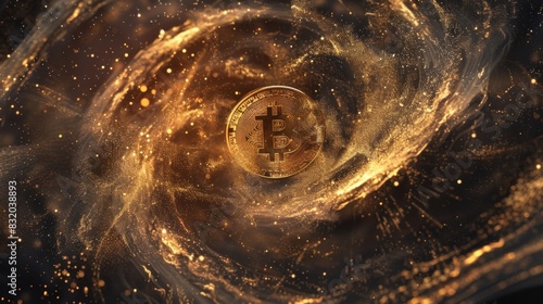 A metallic Bitcoin emblem surrounded by elegant swirls of golden dust illustrating the luxurious appeal of investing in digital gold.
