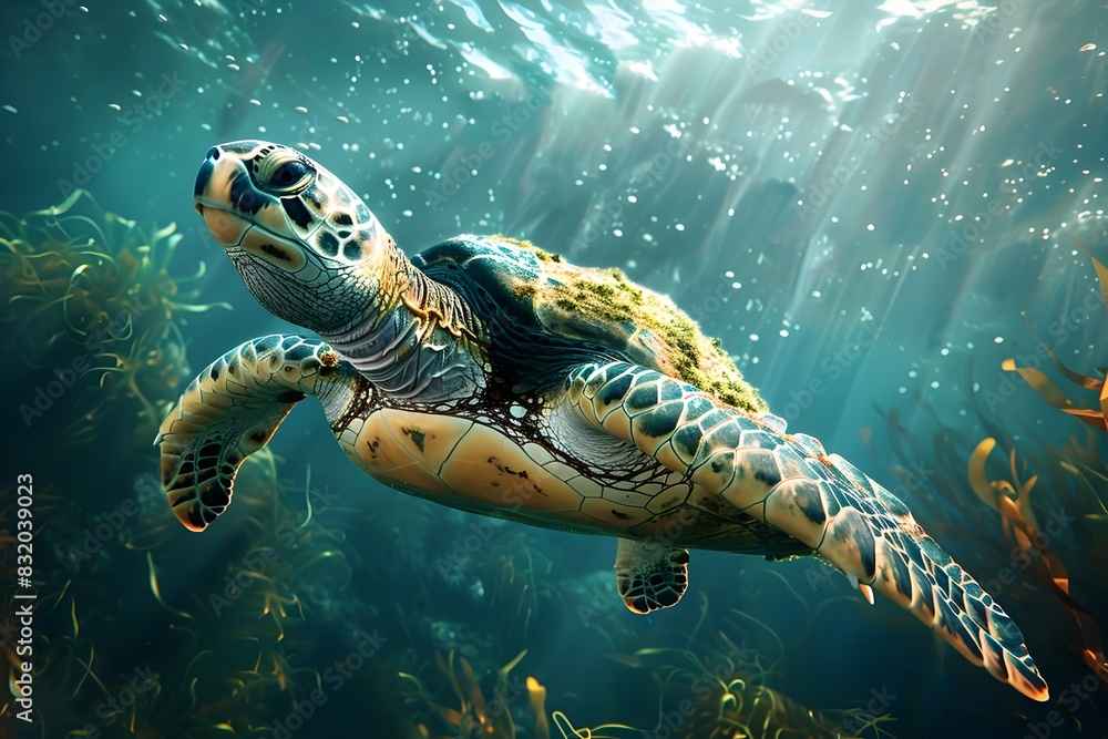 Obraz premium Graceful Sea Turtle Glides Through Vibrant Underwater Ecosystem