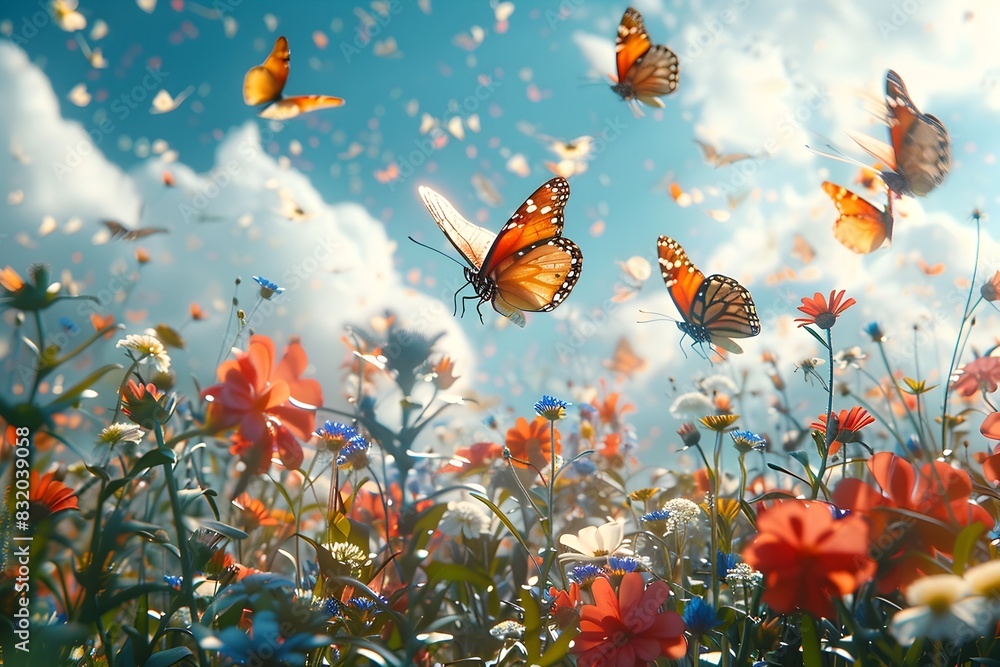 Whimsical Dance of Delicate Butterflies Above a Vibrant Floral Field