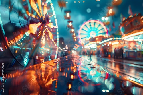 Vibrant and Blurred Carnival Lights Illuminate the Energetic Atmosphere of a Bustling Fairground Event © TEERAWAT