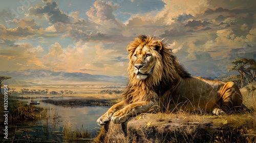 Majestic Lion Stands Tall in Vibrant African Savanna Landscape with Breathtaking Sunset Sky