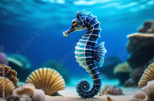 A beautiful blue seahorse swims underwater next to shells and corals. A colorful underwater world. The concept of diving and freediving