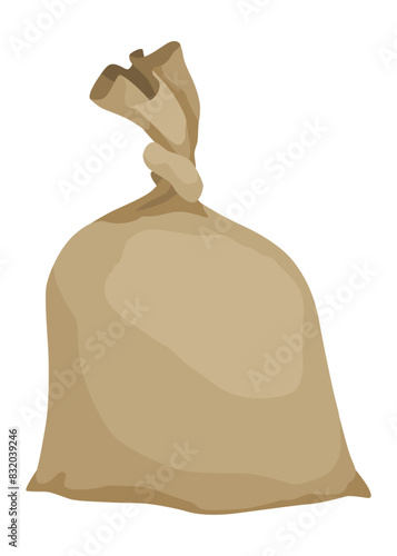 Burlap farmer bag with flour, rice or salt. Agricultural product. Farm production in brown textile bale, closed sack with product inside. Cartoon vector icon