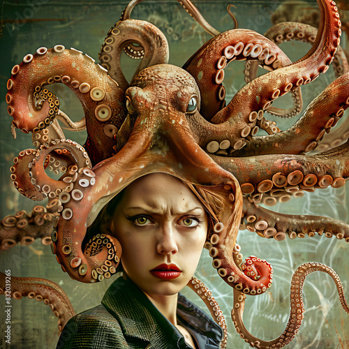 Octopus Teacher Painting.  Generated image.  A digital painting of a surreal, horrific scene with an octopus teacher in a classroom.
 photo