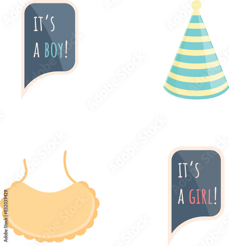 Illustrative set of gender reveal icons, including party hat and announcement speech bubbles