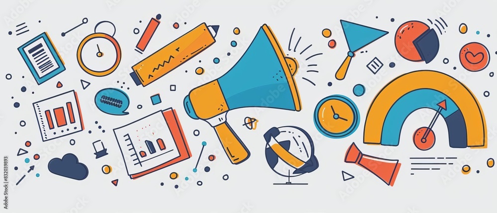 Colorful infographic elements with charts, graphs, megaphone, and various icons, ideal for business marketing and data visualization concepts. Colorful infographic elements with charts, graphs, megaphone, and various icons, ideal for business marketing and data visualization concepts.