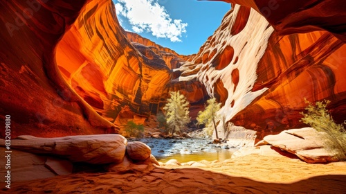 A canyon with a river flowing through its rocky terrain, showcasing the rugged beauty of nature