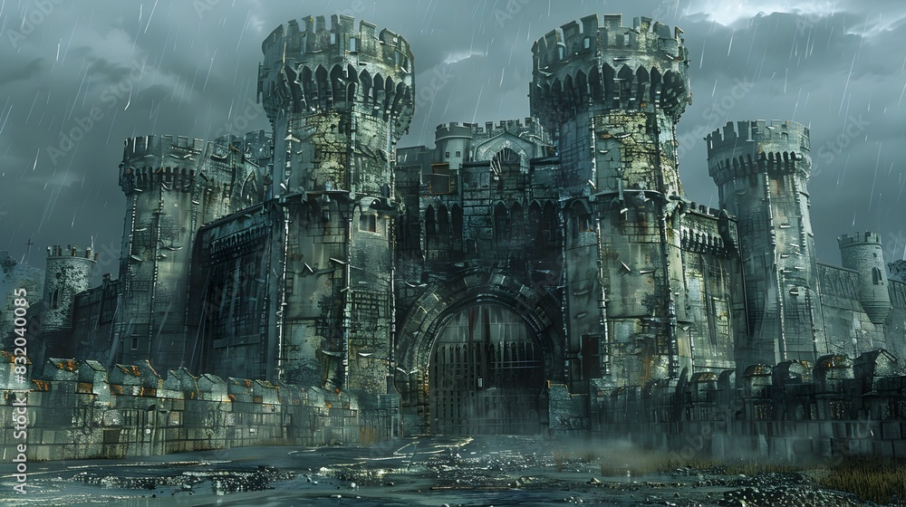 Majestic Medieval Castle Fortress Stands Tall in Gloomy Landscape with Dramatic Atmosphere Majestic Medieval Castle Fortress Stands Tall in Gloomy Landscape with Dramatic Atmosphere