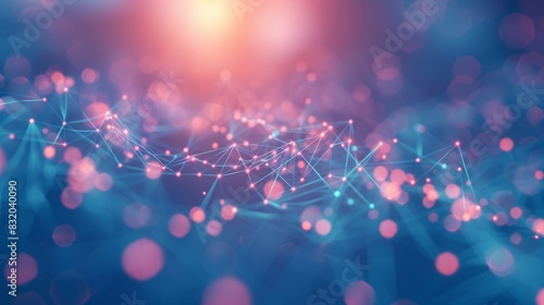 Abstract digital network background with glowing connections and bokeh light spots in blue and pink gradient colors.