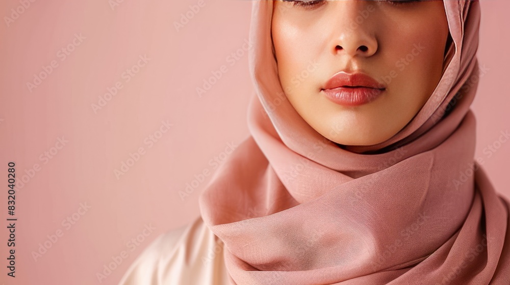 A portrait of a beautiful woman in a pink hijab. A portrait of a beautiful woman in a pink hijab.
