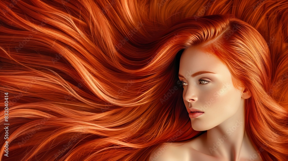 Obraz premium A portrait of a beautiful woman with long wavy red hair.