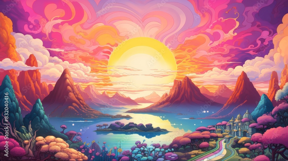 A painting depicting a vibrant sunset casting warm colors over a serene mountain lake. A painting depicting a vibrant sunset casting warm colors over a serene mountain lake.