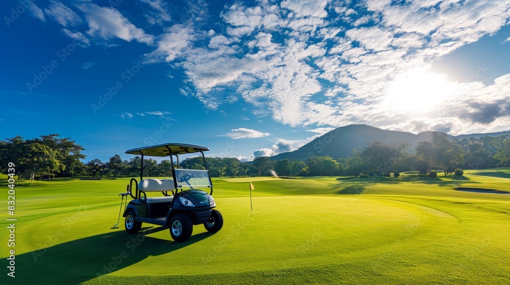 Golf cart or golf club car on a beautiful golf course.