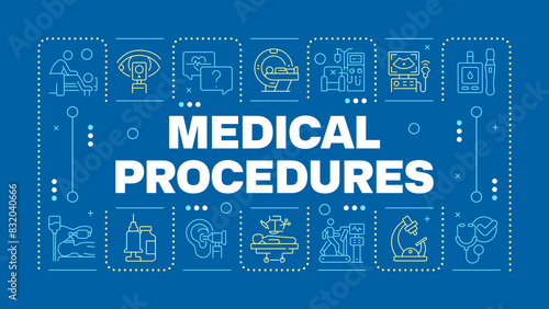 Medical procedures dark blue word concept. Health checkup. Medical diagnostics and treatment. Horizontal vector image. Headline text surrounded by editable outline icons. Hubot Sans font used