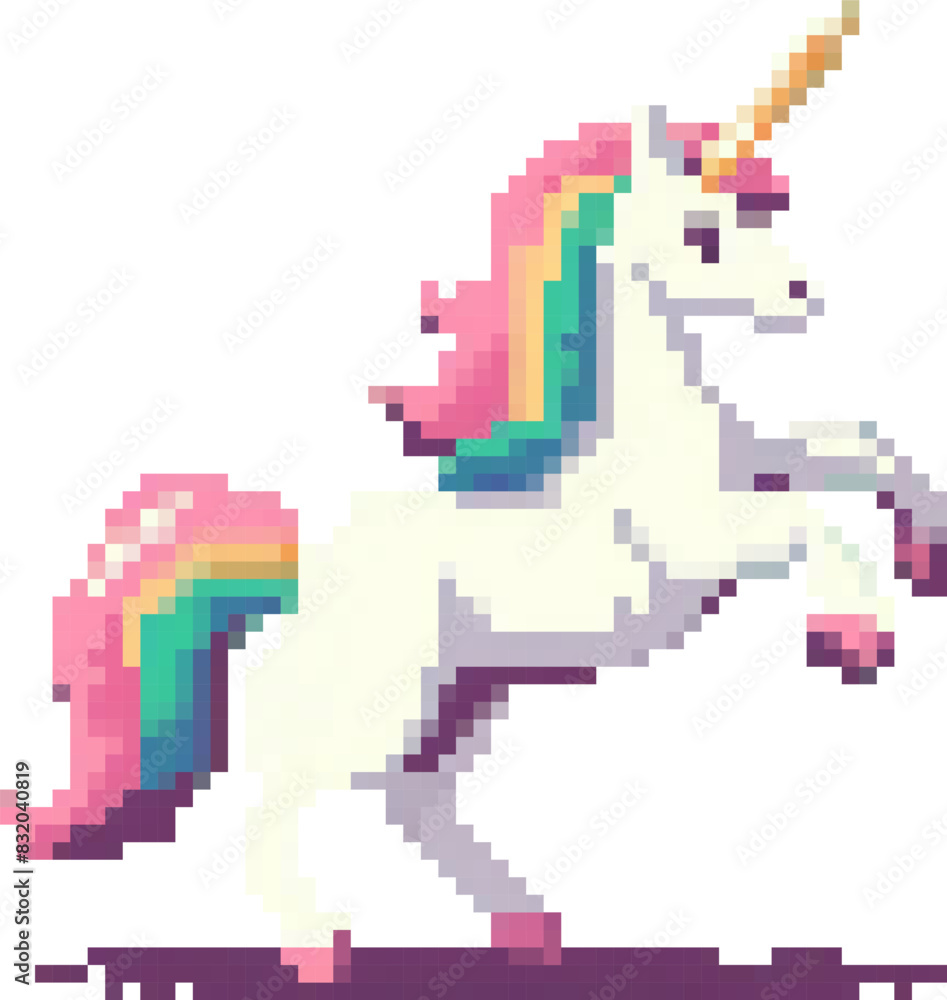 Fototapeta premium An adorable 8-bit pixel art unicorn with a colorful rainbow mane, crafted in a classic retro game style, presented as a charming vector icon isolated without background.