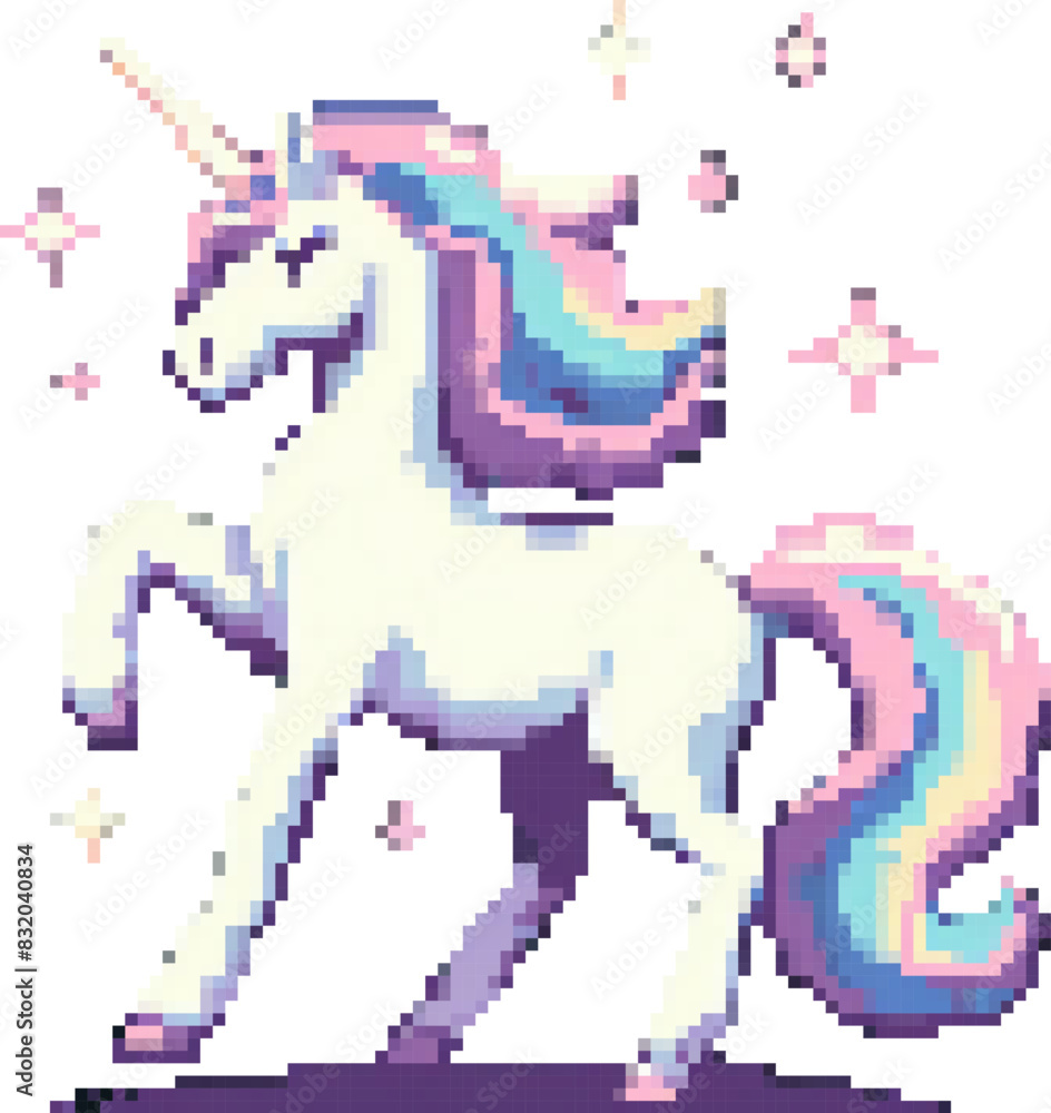 An adorable 8-bit pixel art unicorn with a colorful rainbow mane, crafted in a classic retro game style, presented as a charming vector icon isolated without background.