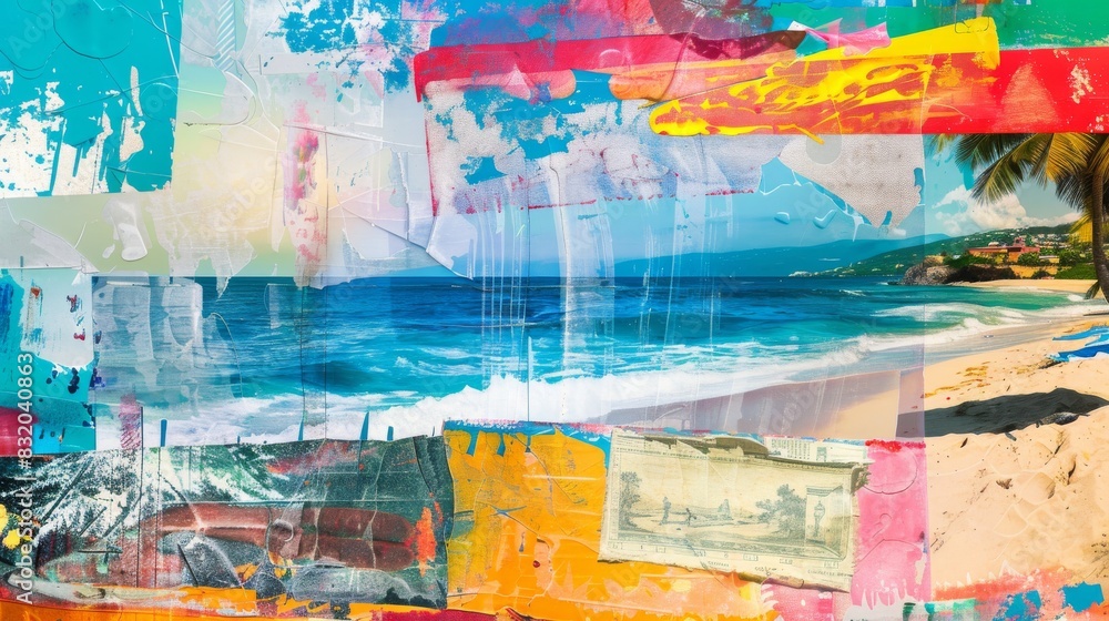 A painting depicting a beach scene with a prominent palm tree. A painting depicting a beach scene with a prominent palm tree.