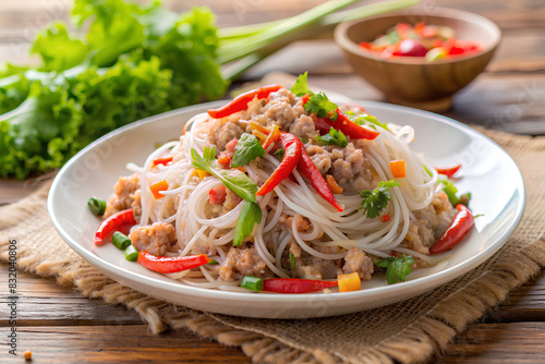 Glass Noodle Salad with Minced Pork (Yum woon sen) is a type of Thai salad made with clear bean vermicelli and meat in white plate photo