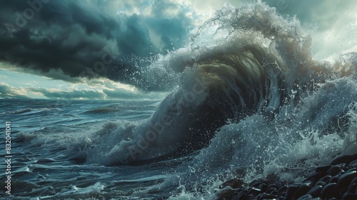 A dynamic wave crashing against a rocky shore portraying the risks and uncertainty of the crypto market. photo