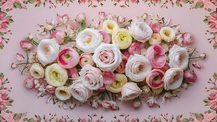 Flowers composition border pattern made of roses and ranunculus flowers on pink background flat lay top view