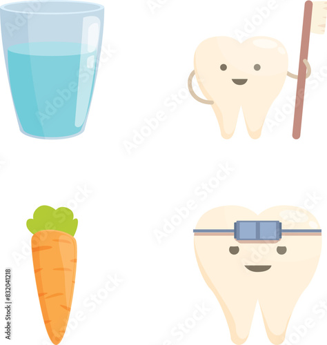 Set of dental health icons featuring tooth, toothbrush, water glass, carrot, braces, and more for oral care, hygiene, and preventive dentistry concept illustration