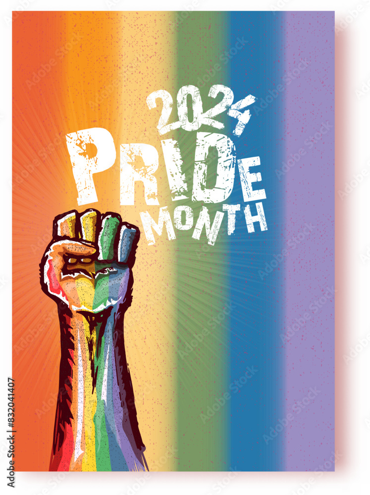 Happy pride month 2024 poster with Rised LGBT fist colored in lgbt flag ...