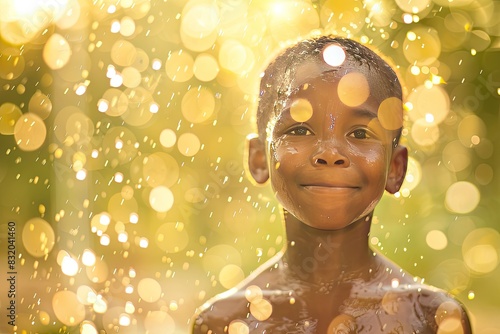 a image of a young boy is standing in the rain
