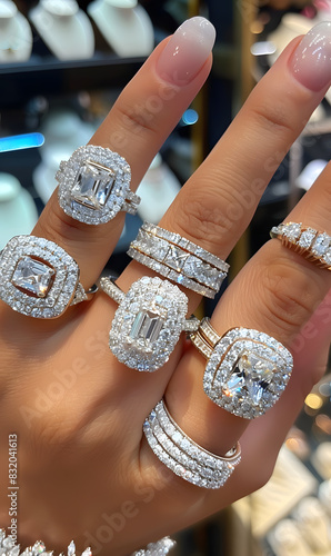 woman wearing diamond ring. Beautiful jewelry