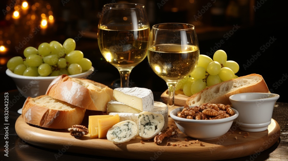 Luxurious white wine bottle and glass arranged beautifully against a backdrop of wooden wine barrels Luxurious white wine bottle and glass arranged beautifully against a backdrop of wooden wine barrels