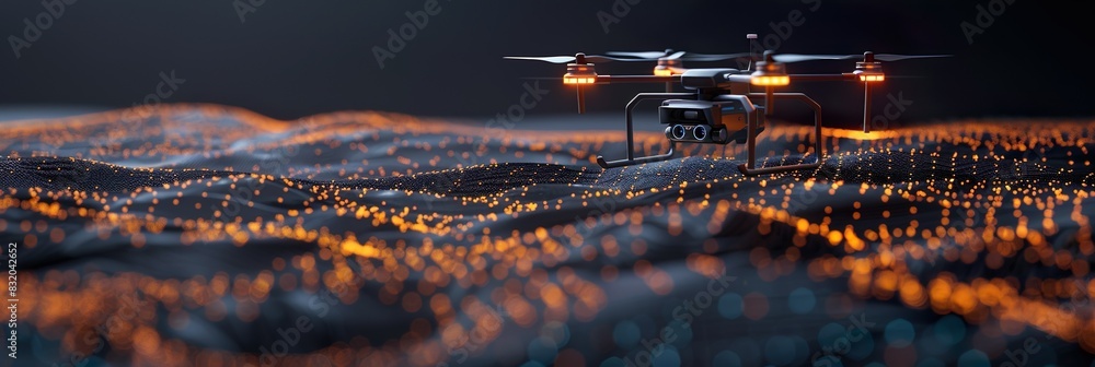 High-Tech Drone with Neon Lights Flying Through a Futuristic Cityscape High-Tech Drone with Neon Lights Flying Through a Futuristic Cityscape