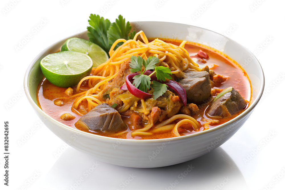 Noodle Soup with beef,Khao Soi Local northern food of Thailand, isolate white background Noodle Soup with beef,Khao Soi Local northern food of Thailand, isolate white background