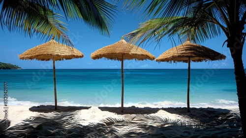 Aerial view of sunny beach with straw hats  umbrella  and palm leaves   tropical vacation scene