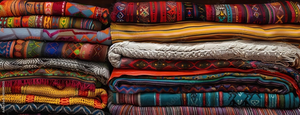 Side view of a neatly piled assortment of Hispanic textile blankets Side view of a neatly piled assortment of Hispanic textile blankets