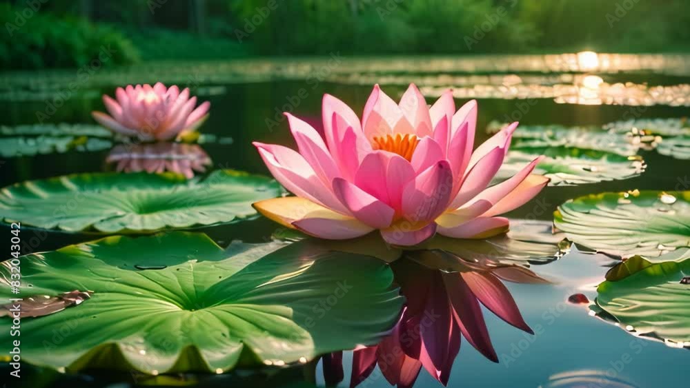 Video animation of water lily pond at either dawn or dusk. The focus is on a vibrant pink water lily in full bloom, surrounded by green lily pads Video animation of water lily pond at either dawn or dusk. The focus is on a vibrant pink water lily in full bloom, surrounded by green lily pads