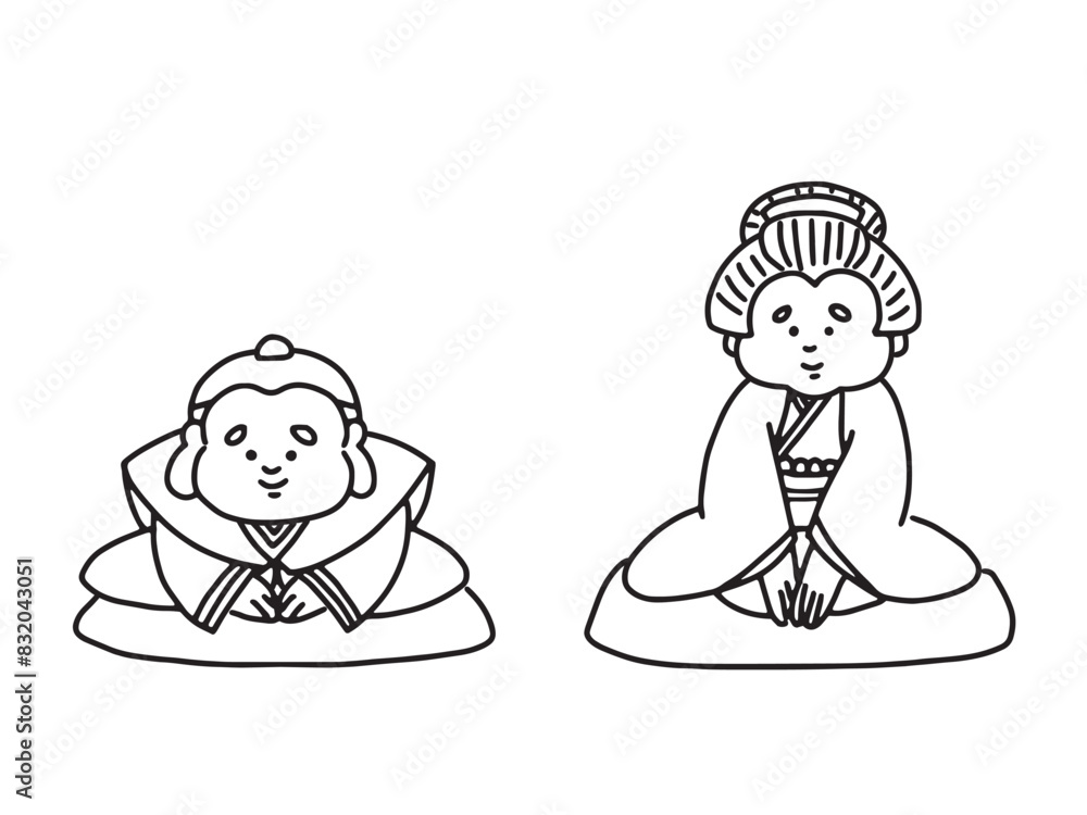 正座をして挨拶をする福助とお福のイラスト