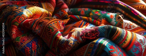 Side view of a vibrant pile of traditional Hispanic textile blankets, rich in colorful patterns, photorealistic detail, sunlight casting soft shadows, warm and inviting colors