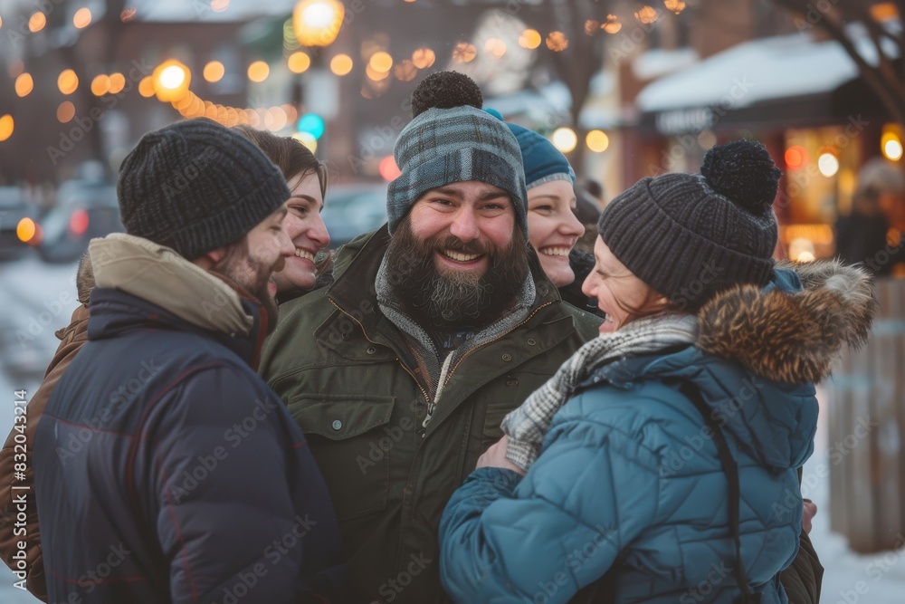 Group of friends walking on the street in winter. Happy people having fun together. Group of friends walking on the street in winter. Happy people having fun together.