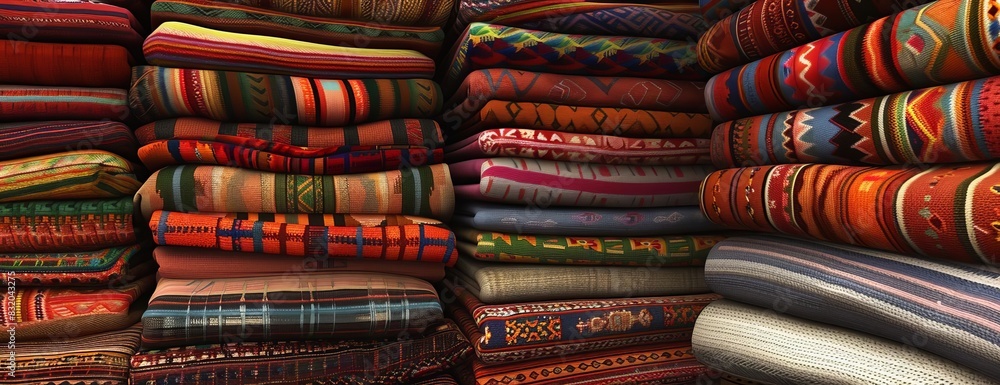 Side view of an intricately stacked heap of Hispanic textile blankets